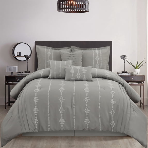 Lanco Grey Comforter Set California King Size , 7 Piece Satin Stitching Embroidery Bedding Set