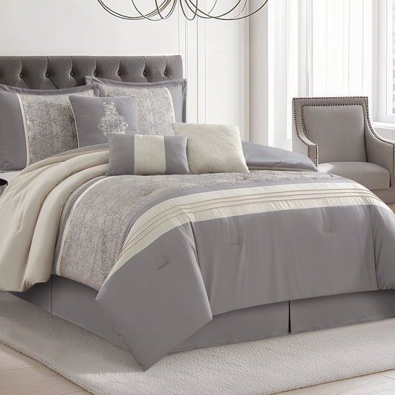Lanco Grey Comforter Set King Size, 7 Piece, Jacquard Home Decor, Matching Bed Skirt, Pillows & Shams, All Season Bedding Set