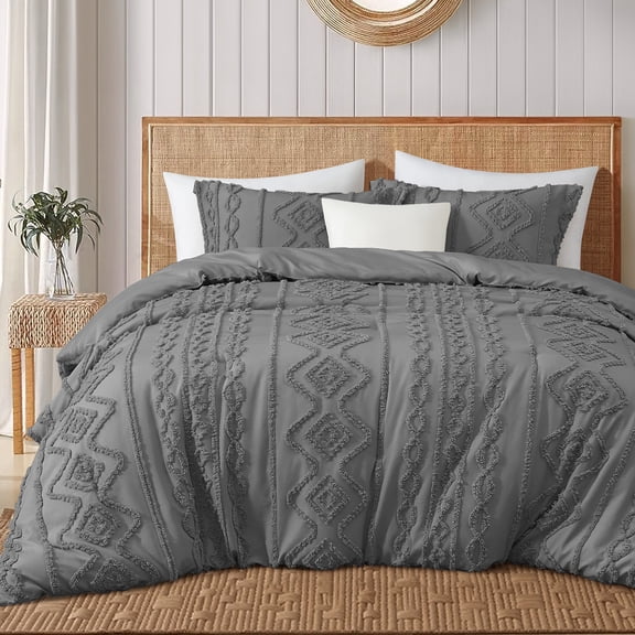 Lanco Grey Comforter Set King Size, Boho 3 Piece Clipped Jacquard Bedding Set, All Season Geometric Bedding Set, Matching Pillow Shams