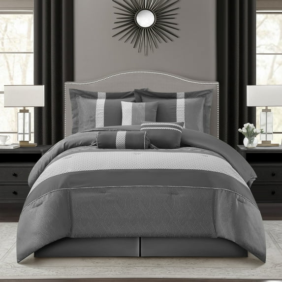 LANCO MODERN LIFESTYLE Grey Comforter Set Queen Size, Jacquard with Matching Solid Microfiber Piece Work, All Season Bedding Sets, 7 Pieces Home Décor