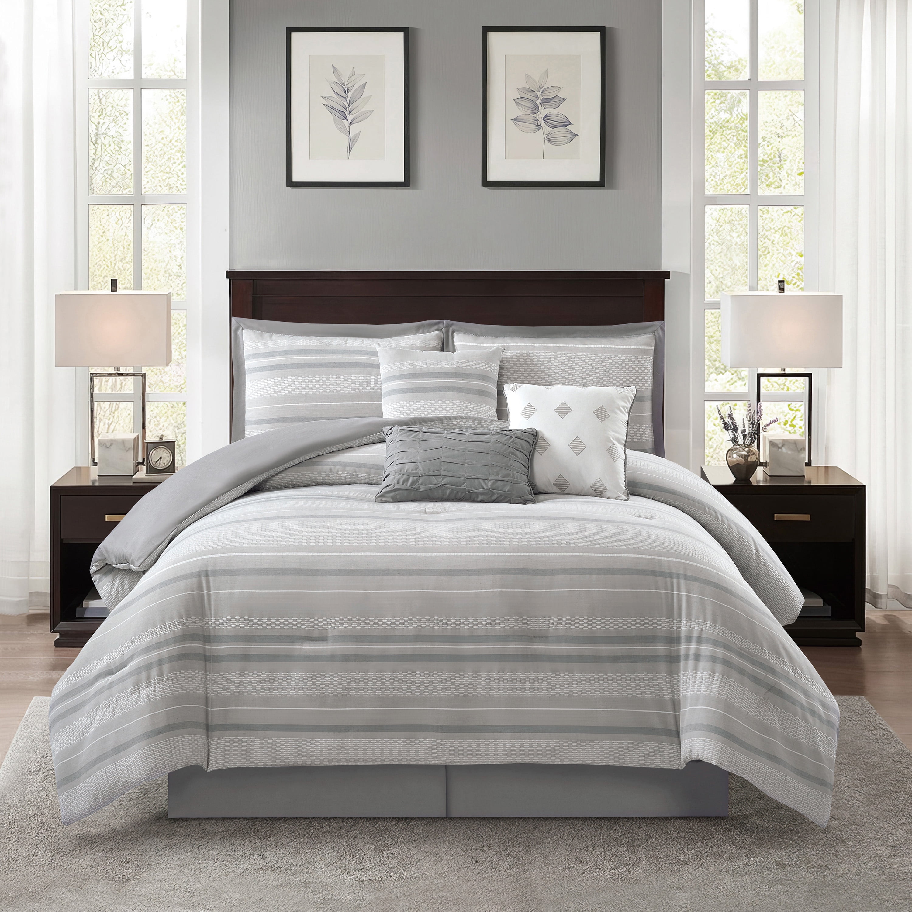 Lanco Grey Jacquard Comforter Set Queen Size, 7 Piece Striped Bedding