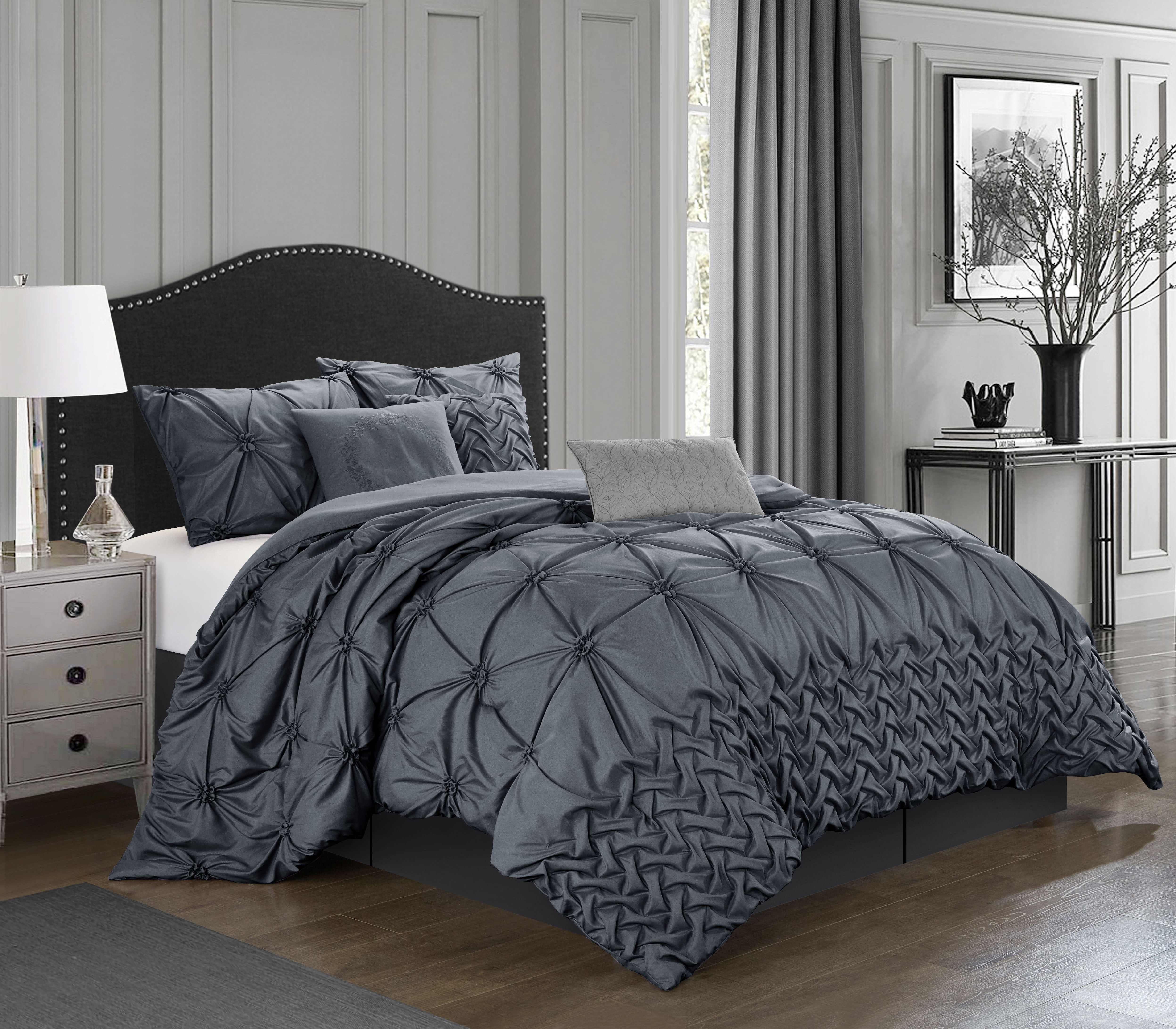 Lanco Grey King Comforter Set Pinched Pleated Bedding Set for Girls 7 Pieces Luxury Bedroom Decor, Matching Bed Skirt, Pillow Shams & Decorative Pillows…