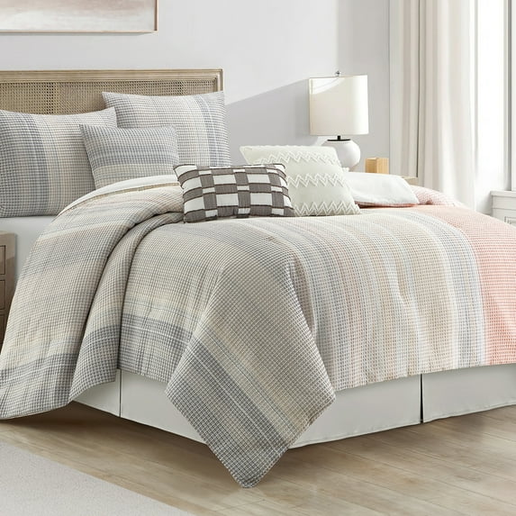 Lanco Grey Waffle Jacquard Comforter Set King Size, 7 Piece Striped Bedding Set, All Season Home Decor, Matching Pillow Shams, Bedskirt, Decorative Pillows