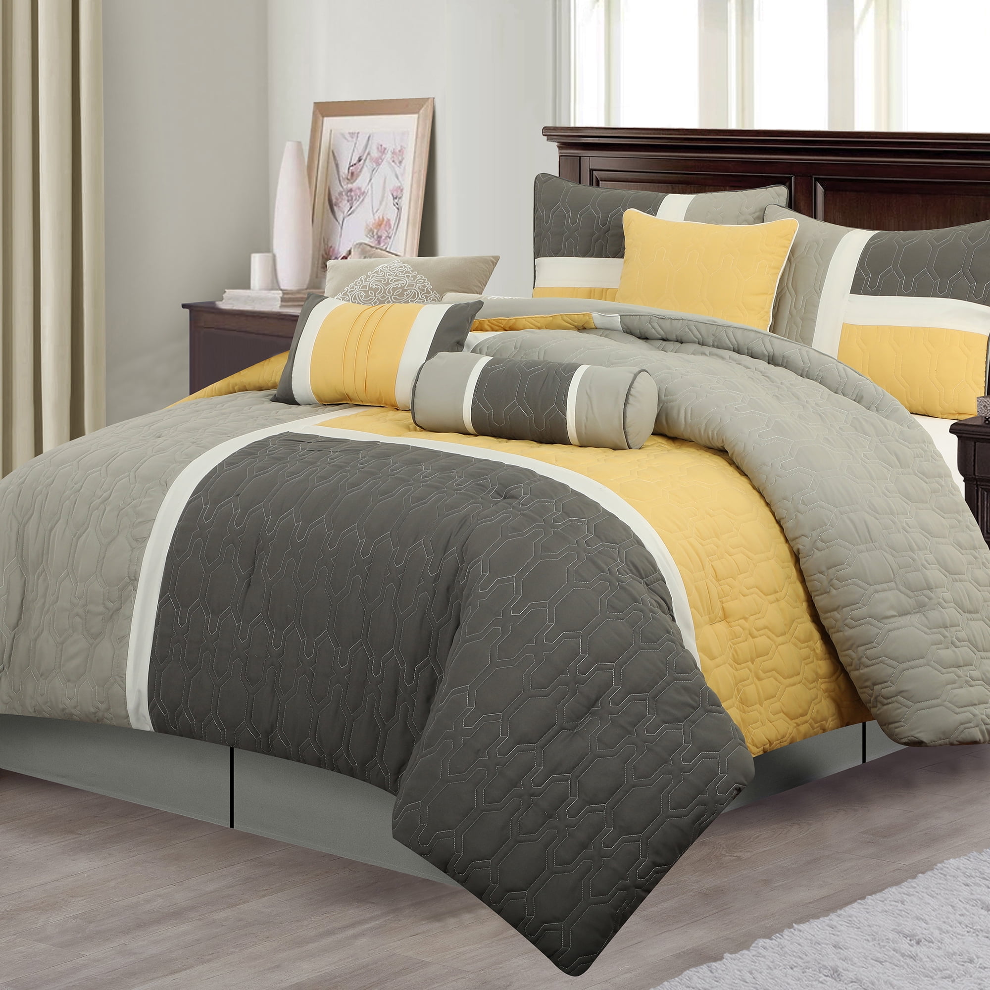 Lanco Grey Yellow Comforter Set Queen Size , 7 Piece Quilting Soft ...