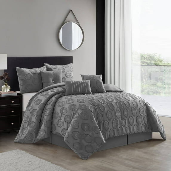 Lanco Honeycomb Shabby Chic 7 Piece Comforter Set Grey, Bed Size King,Luxury
