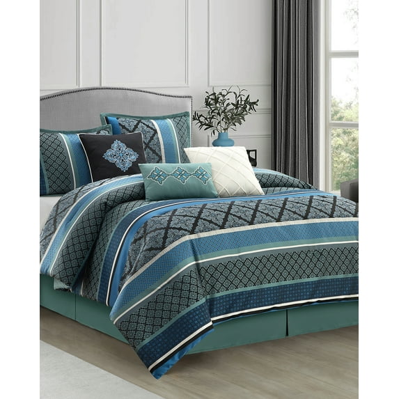 Lanco Jacquard 7 Piece Comforter Set, Blue, California King, Geometric, 100% Polyester & Fill