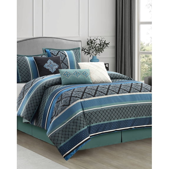 Lanco Jacquard 7 Piece Comforter Set, Blue, King, Geometric, 100% Polyester & Fill