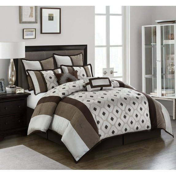 Lanco Kendra Geometric 8-Piece Reversible Comforter Set, Brown, Queen, 100% Polyester & Fill