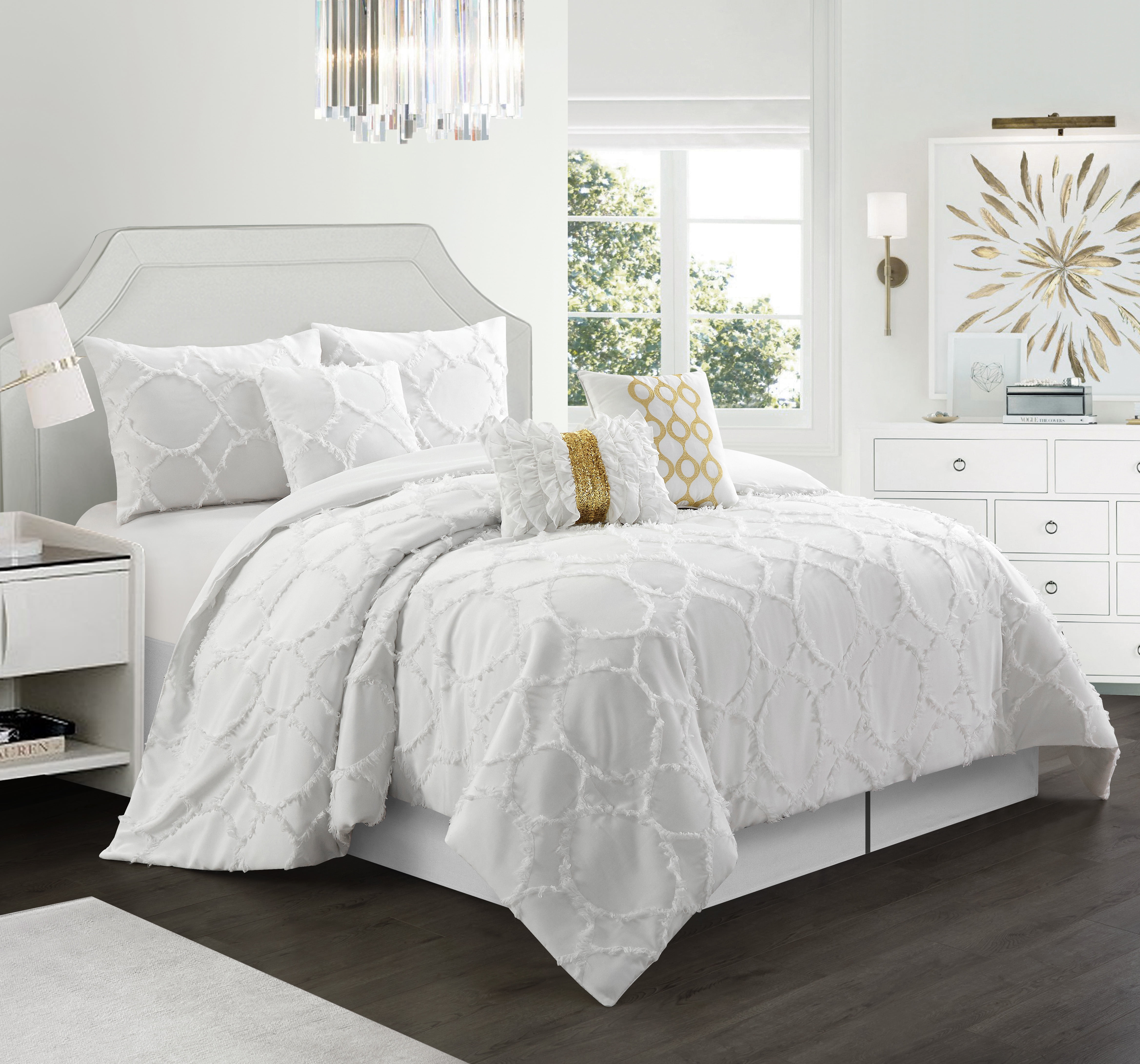Lanco Layla Polyester, 7-Pieces Comforter Bedding Set, White, Queen