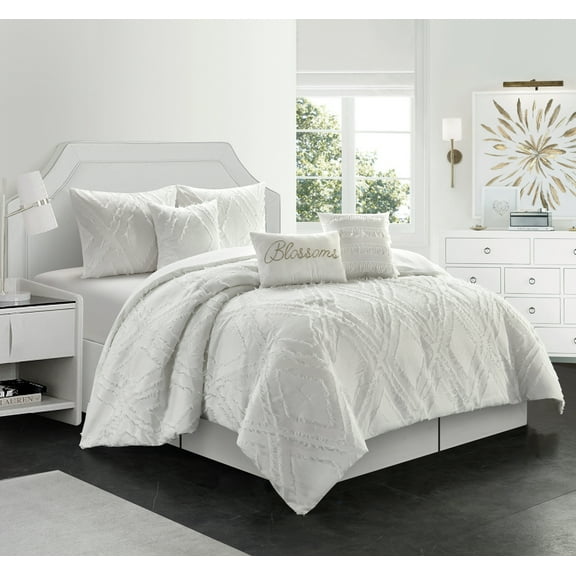 Lanco Leah Diamond 7-Piece Comforter Set, White, King, Fill Polyester, Solid Color