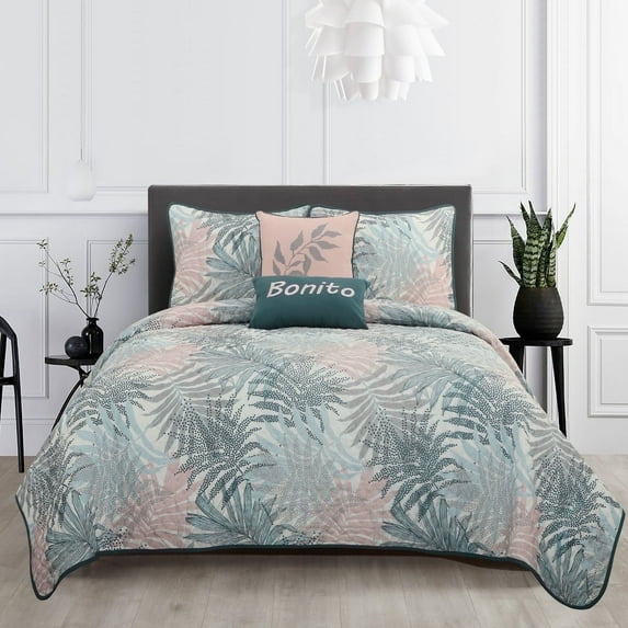 Lanco Leaves Quilt Set Queen Size , 5 Piece, Print Microfiber Double Pinsonic Quilting , Bedspreads & Coverlets , All Season