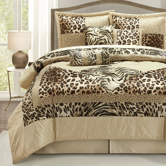 Lanco Leopard Print 7 Pieces Queen Comforter Set, Bed in a Bag, Gold Matching Pillows & Shams, Bed Skirt, Ultra-Soft
