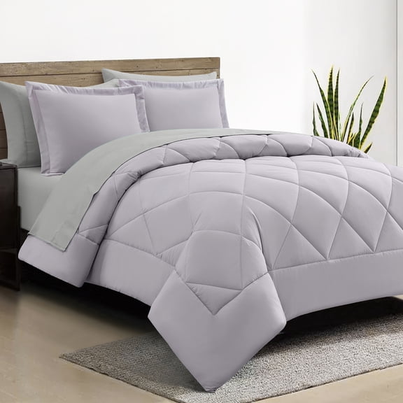 Lanco Light Purple Comforter Set Queen Size, 7 Piece Diamond Quilting Solid Bedding Set, Matching Flat sheet, Fitted sheet, Pillows & Shams