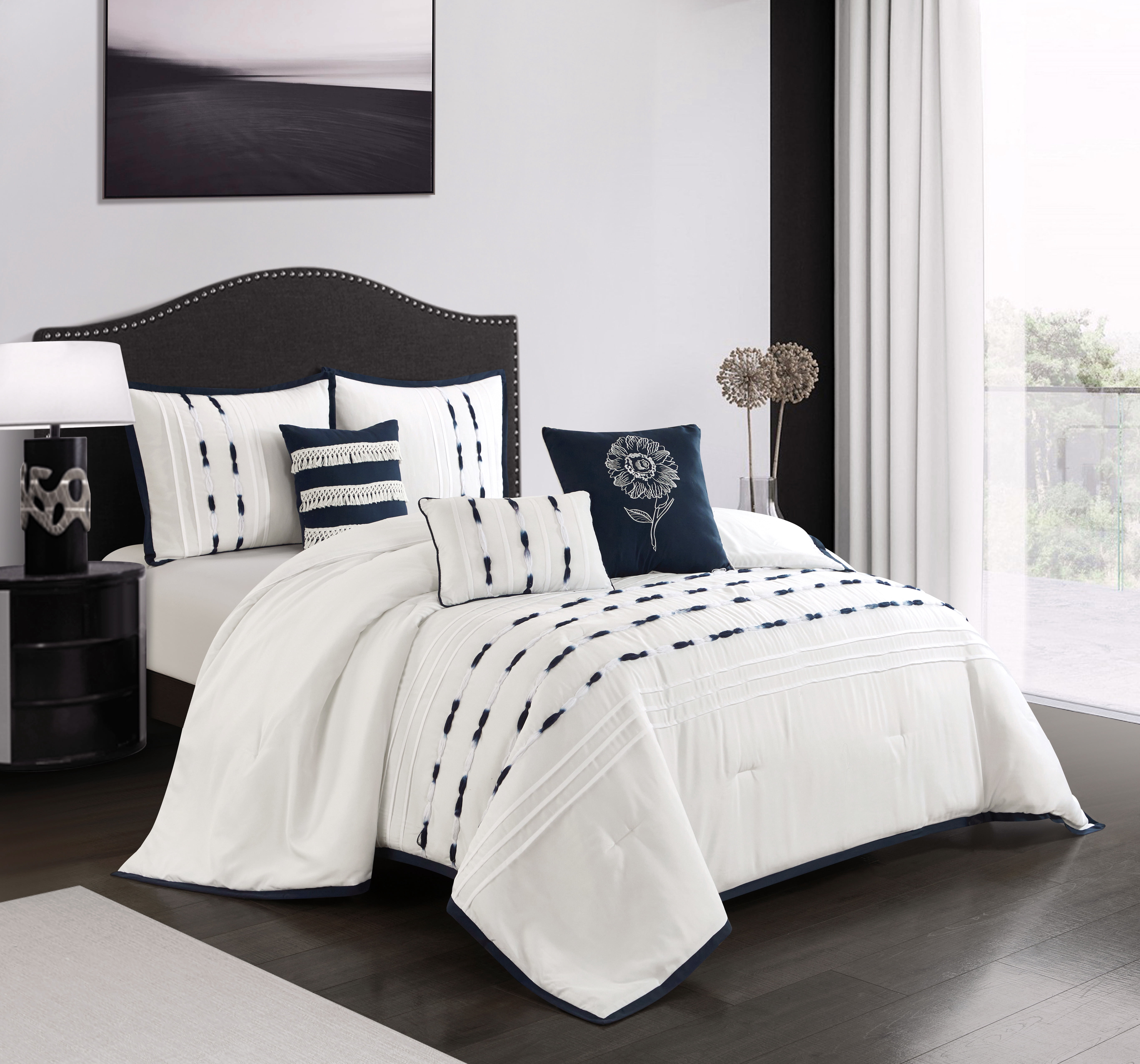 Lanco Lillian Striped 6-Piece Comforter Set, White/Navy, Queen, 100% Polyester Fill