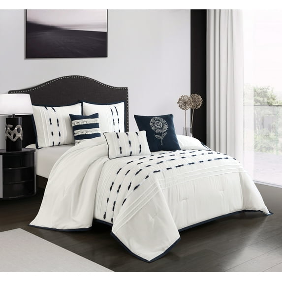 Lanco Lillian Striped 6-Piece Comforter Set, White/Navy, Queen, 100% Polyester Fill