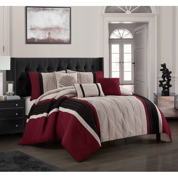 Lanco Lucy Leaves 6- Piece Comforter Set, Red, Queen, 100% Polyester Fill