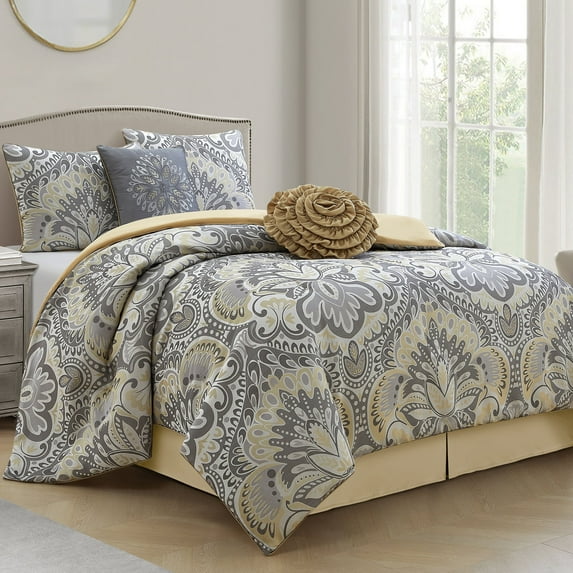Lanco Luscious Diane Floral 6-Piece Reversible Comforter Bedding Set, Bed Size King, Elegant, Grey Yellow, Fill Polyester