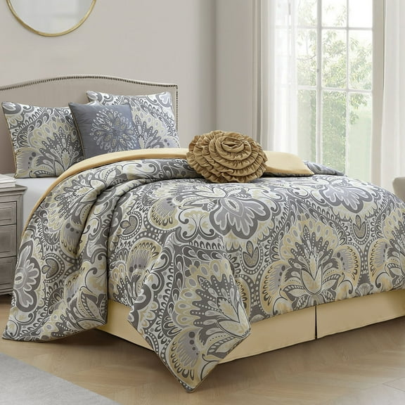 Lanco Luscious Diane Floral 6-Piece Reversible Comforter Bedding Set, Bed Size Queen, Grey Yellow, Fill Polyester