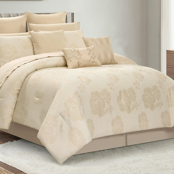 Lanco Luxury 13-Piece Gold Floral Comforter Sets, Queen