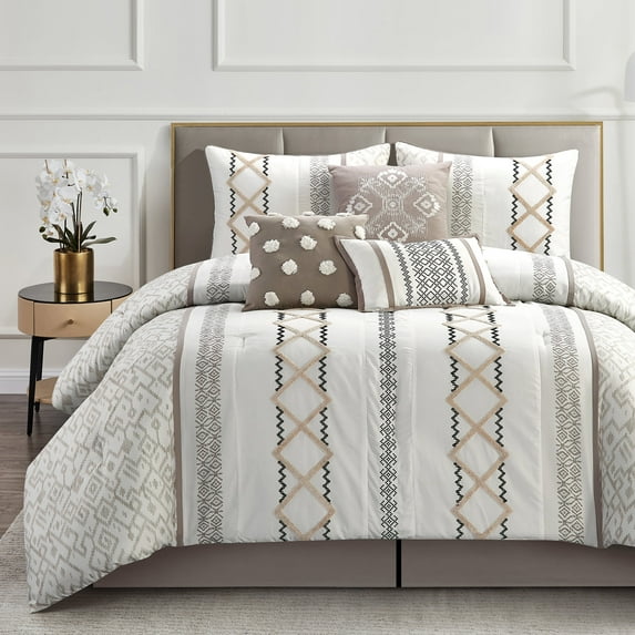 Lanco Luxury 7 Piece Cozy Boho Comforter Set Queen Beige Embroidered Girls Bedding, Premium Microfiber, All Season Home Décor