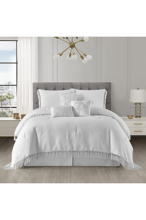Luxury 7 Piece White Comforter Set , Queen Size , Jacquard Girls Bedding , All Season Leaves Bedding Set Cozy Home Decor