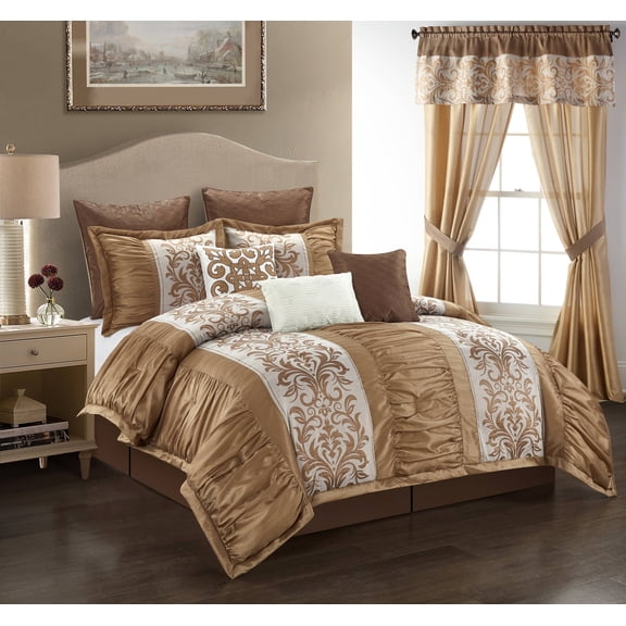 Lanco Luxury 9-Piece Comforter Set, Gold/White King, Bed in a Bag, Pleat Puffed, Jacquard