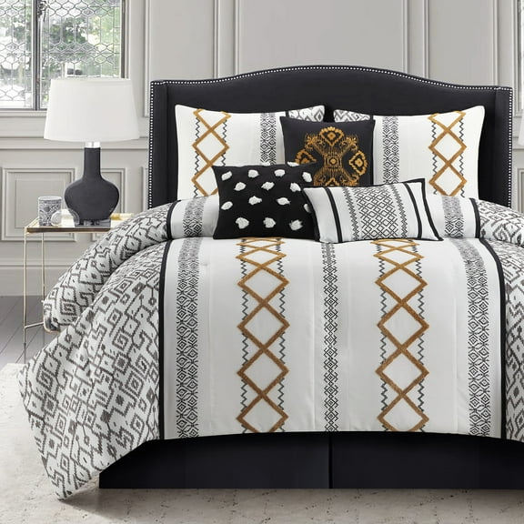 Lanco Luxury Black Gold Comforter Set California King Size , 7 Piece Terry embroidery, All Season Bedding Set