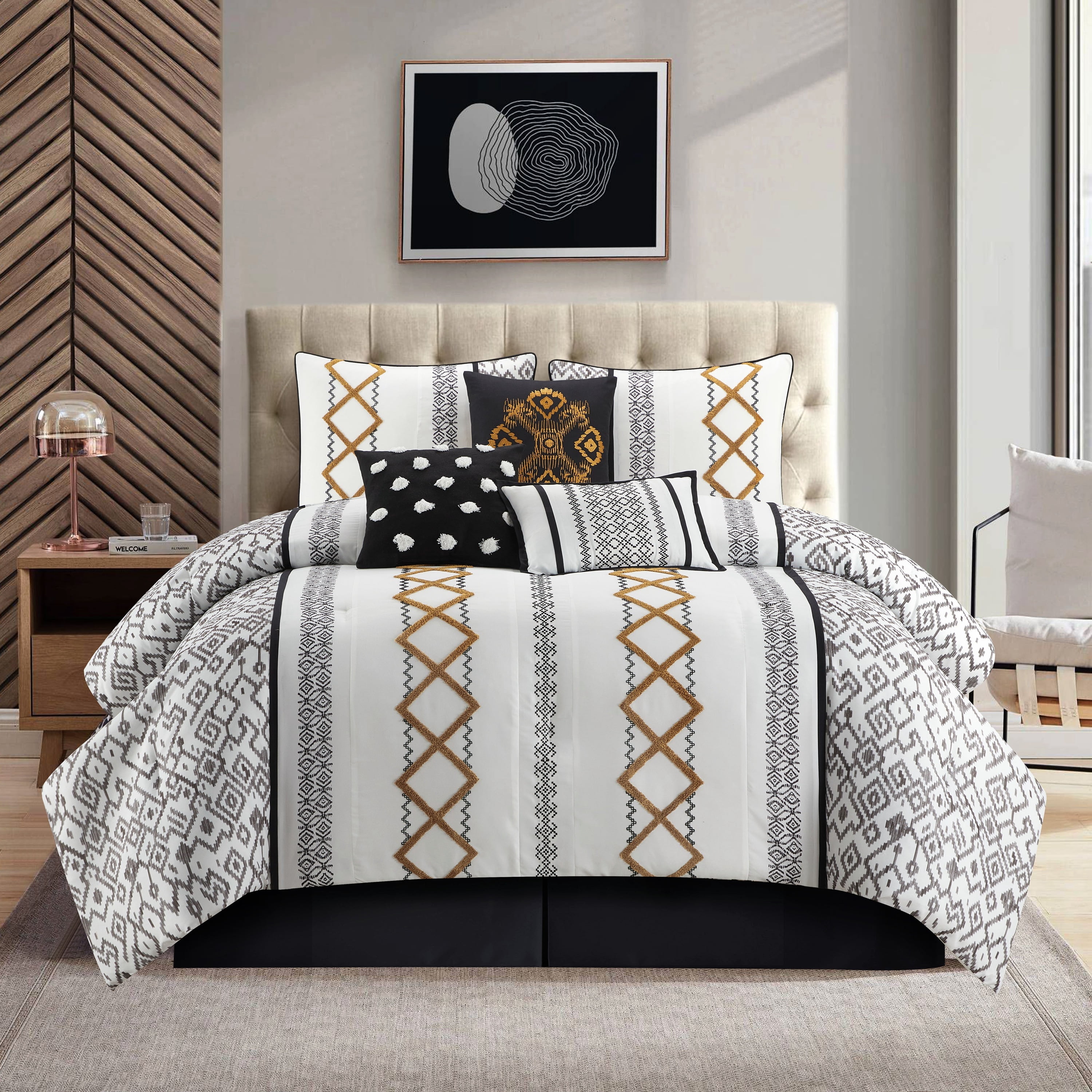 California King Black Gold Polyester Comforter Set with Terry Embroidery