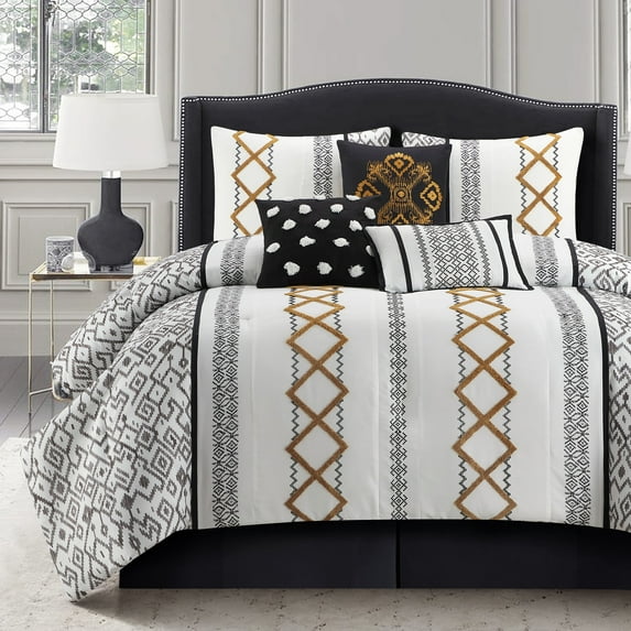 Lanco Luxury Black Gold Comforter Set King Size , 7 Piece Terry embroidery , All Season Bedding Set