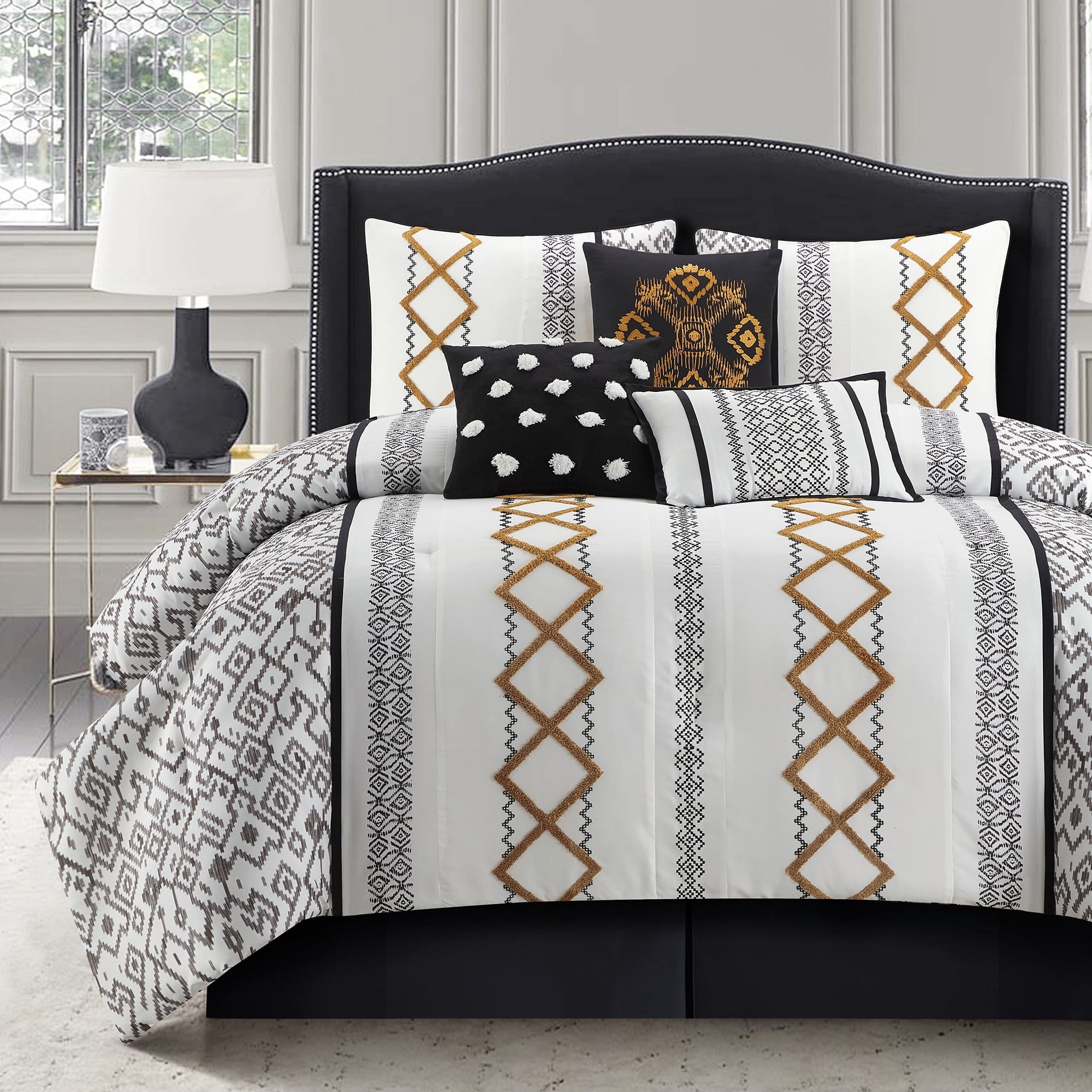 Lanco Luxury Black Gold Comforter Set Queen Size , 7 Piece Terry embroidery, All Season Bedding Set