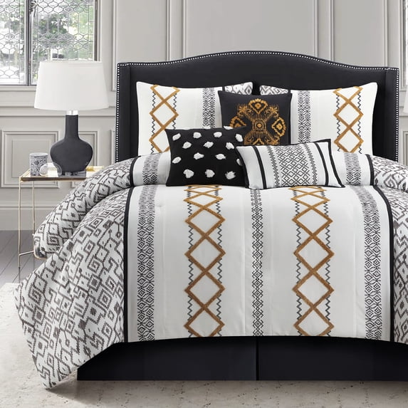 Lanco Luxury Black Gold Comforter Set Queen Size , 7 Piece Terry embroidery, All Season Bedding Set