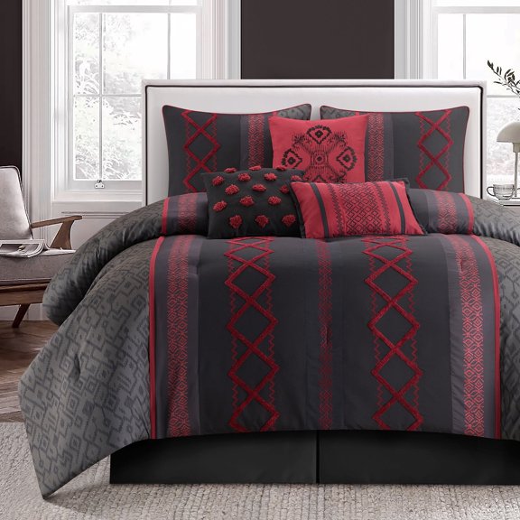 Lanco Luxury Black Red Comforter Set Queen Size , 7 Piece Terry embroidery, All Season Bedding Set
