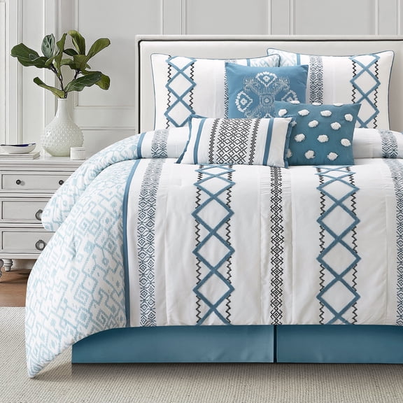 Lanco Luxury Blue Comforter Set California King Size , 7 Piece Terry embroidery, All Season Bedding Set