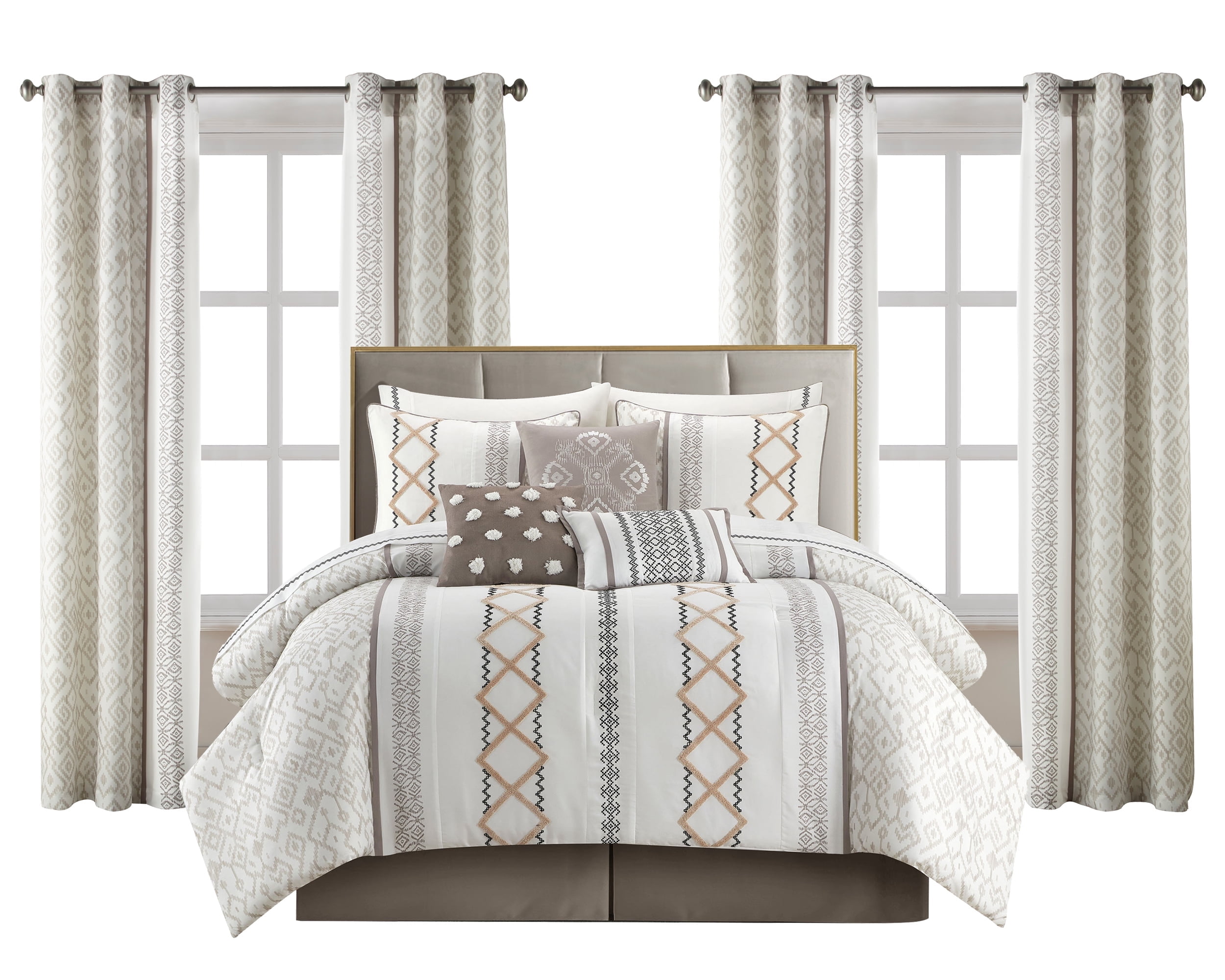 Lanco Luxury Taupe Comforter Set King Size , 15 Piece Terry embroidery, All Season Room-In-A-Bag