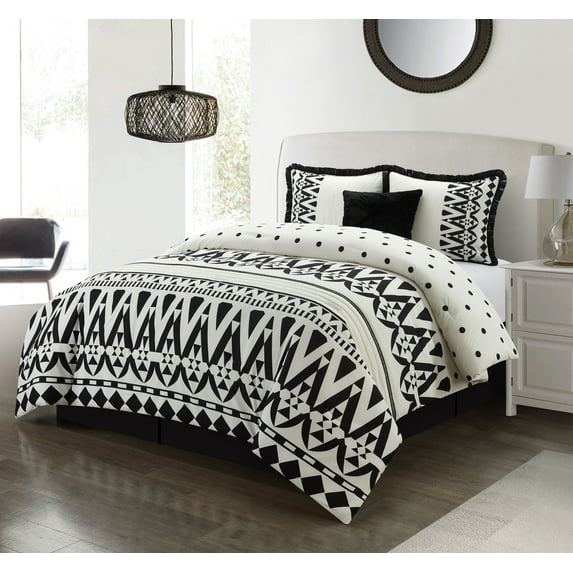 Lanco Margot Dots 5-Piece Reversible Comforter Set, California King, Black/White, Geometric Pattern, 100% Polyester Fill