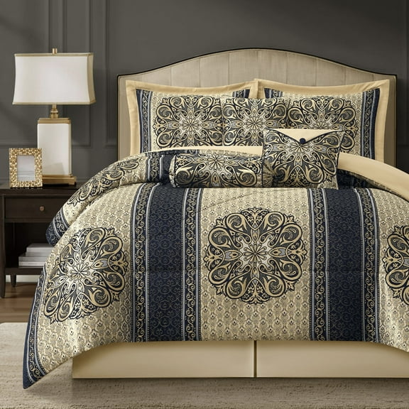 Lanco Medallion 7 Piece Navy Comforter Set, California King Size Jacquard Bedding, All Season Bedding Set, Bed Skirt, Pillows & Shams