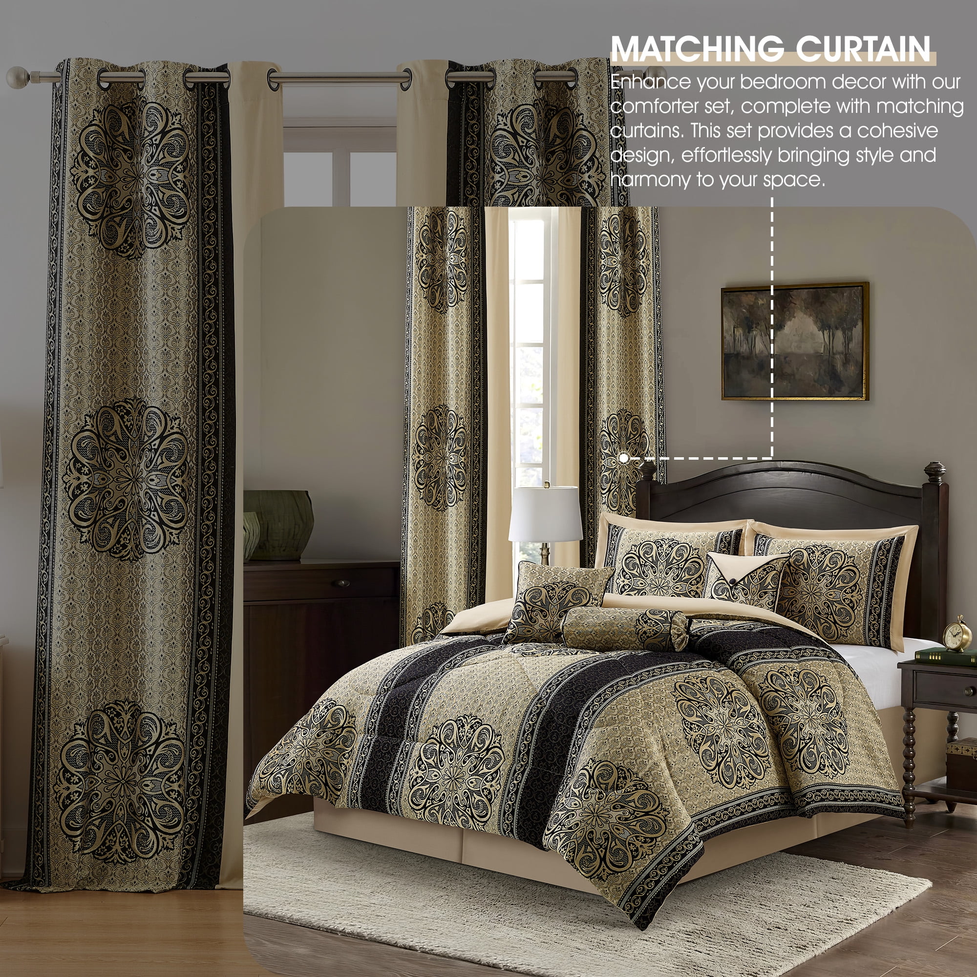 Lanco Medallion 9 Piece Black and Gold Comforter Set, Queen Size