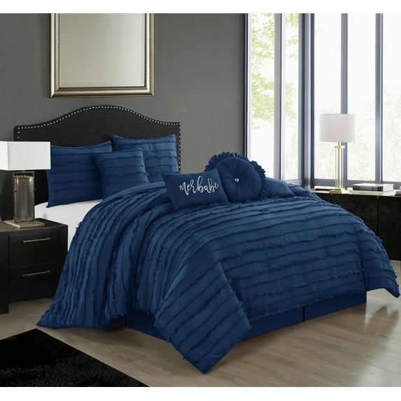 Lanco Merbabe Beach Lifestyle 7-Piece Reversible Bedroom Bedding Comforter Set, Bed Size Queen, Navy Ocean Deep Blue