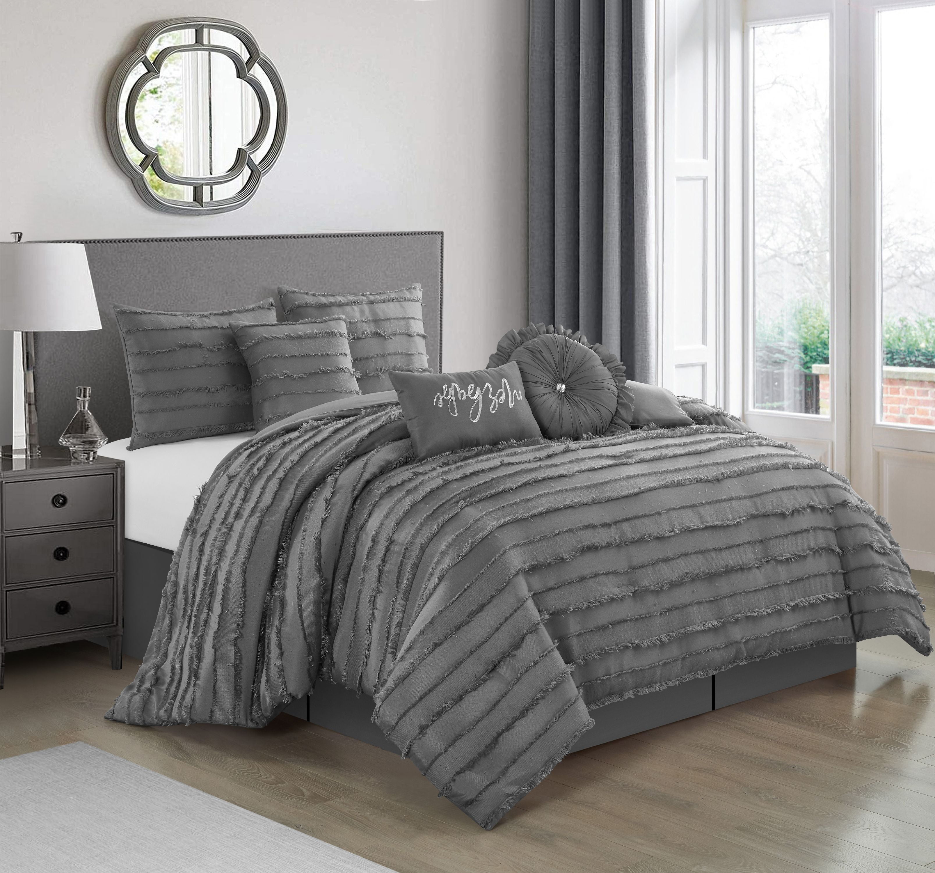 Lanco Merbabe Beach Lifestyle Solid 7-Piece Reversible Bedroom Bedding Comforter Set, Bed Size King, Grey, 100% Polyester Fill