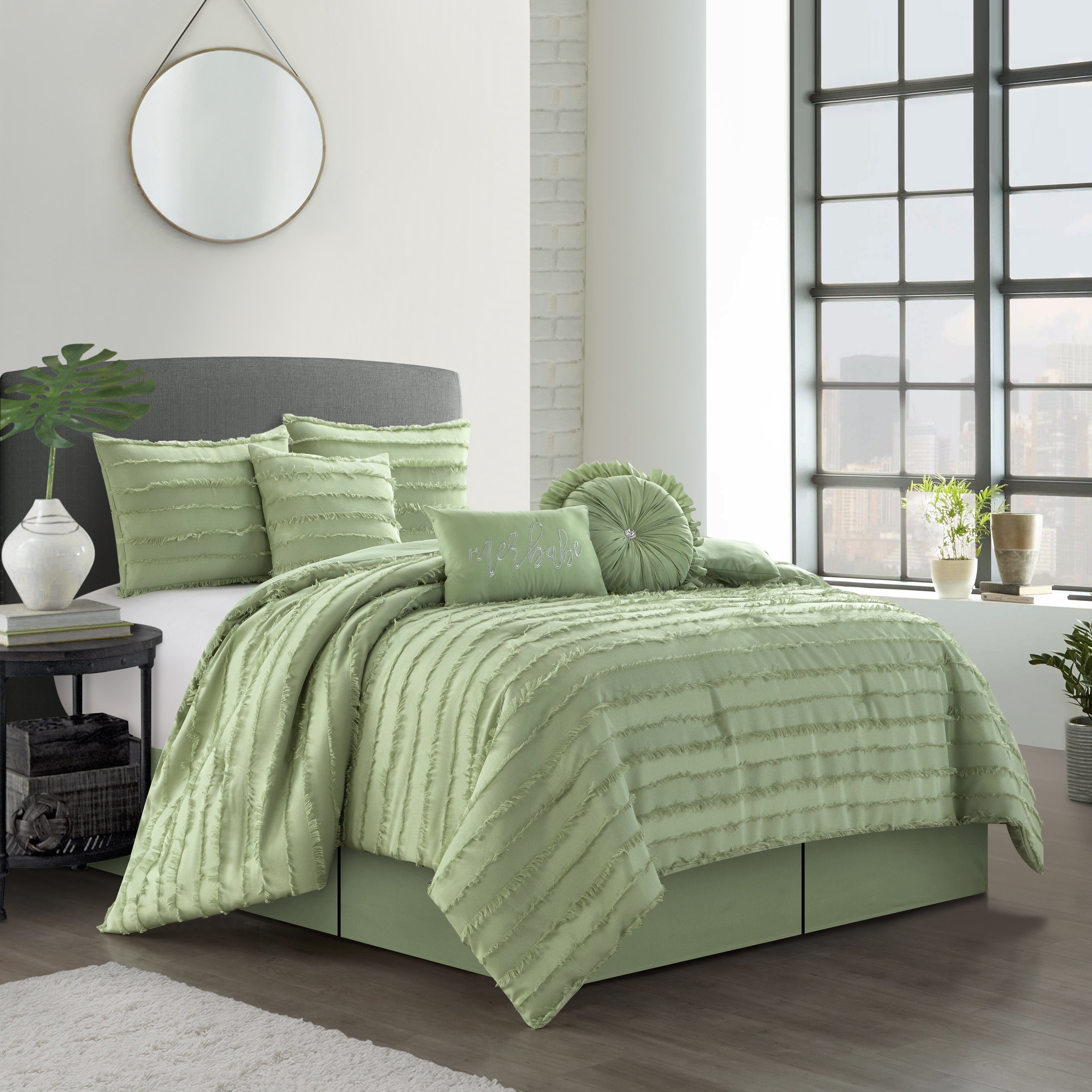 Lanco Merbabe Geometric 7 Piece Comforter Set, Sage, California King, 100% Polyester