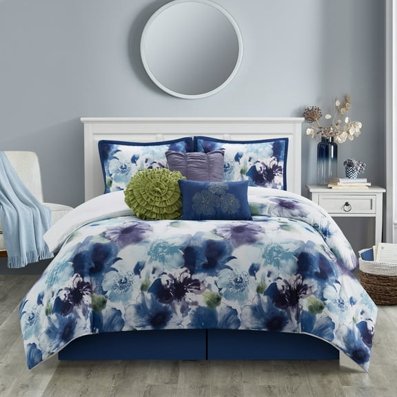 Lanco Midnight Blue Floral 7 Piece Comforter Set Blue/Purple, Bed Size California King, 100% Polyester Fill, Ultra Soft
