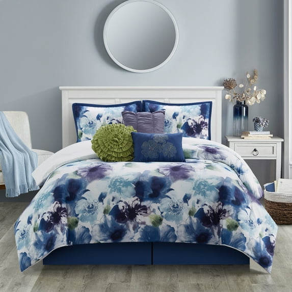 Lanco Midnight Blue Floral 7 Piece Comforter Set Blue/Purple, Bed Size California King, 100% Polyester Fill, Ultra Soft