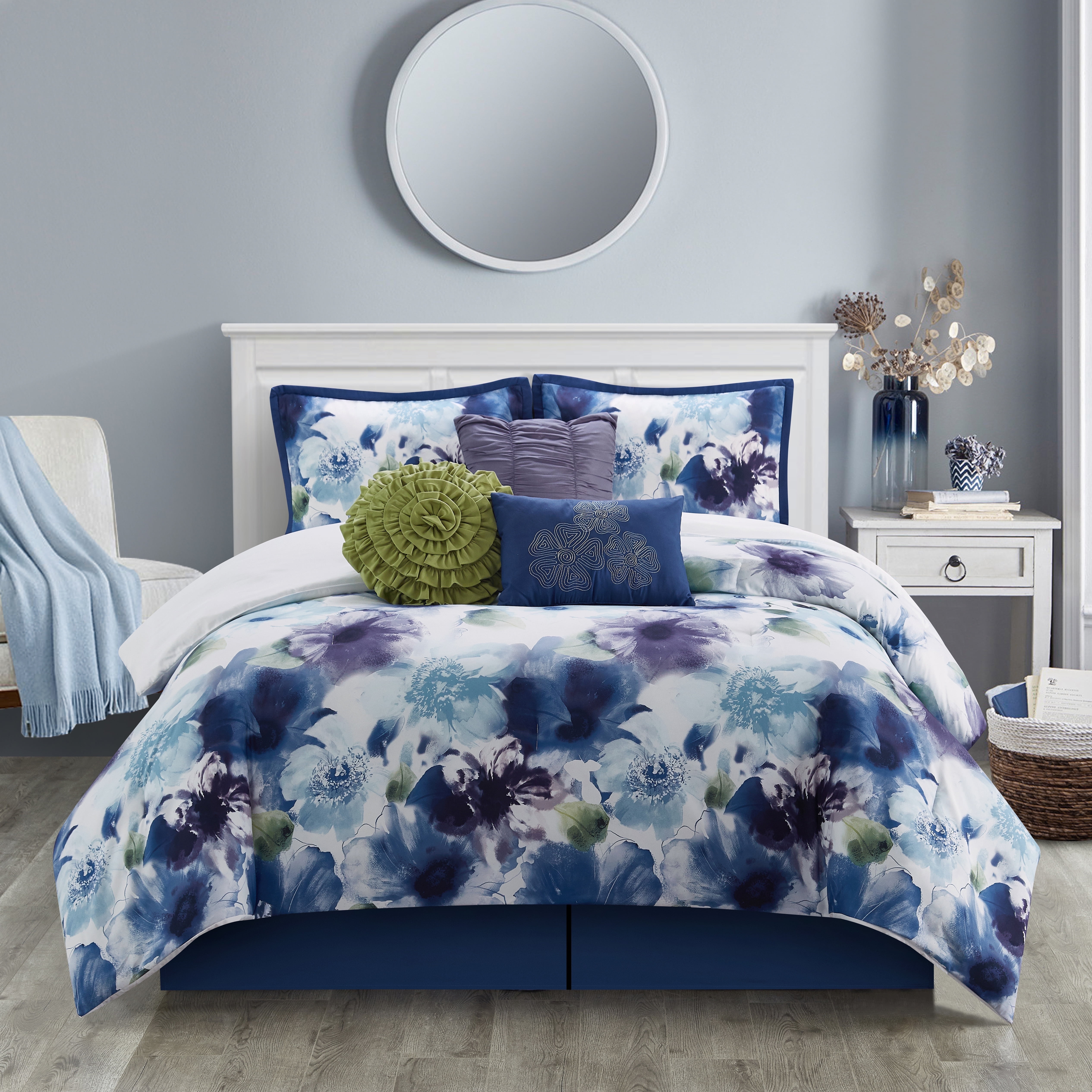 Lanco Midnight Floral Blue 7 Piece Comforter Set Blue/Purple, Bed Size Queen, Fill Polyester