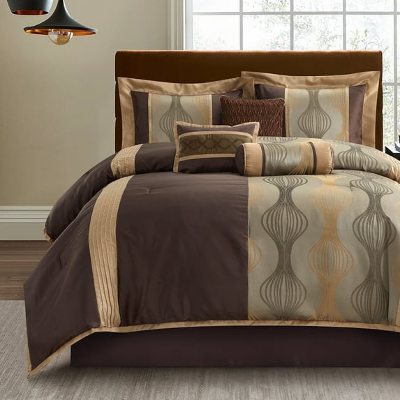 Lanco Moderna 7-Piece Bedding Comforter Set, Gold Brown, Bed Size California Bed Size King