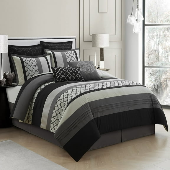 Lanco Moroccan Black/Gray/Off-White, 8-Piece Comforter Set, California King, Striped/Geometric