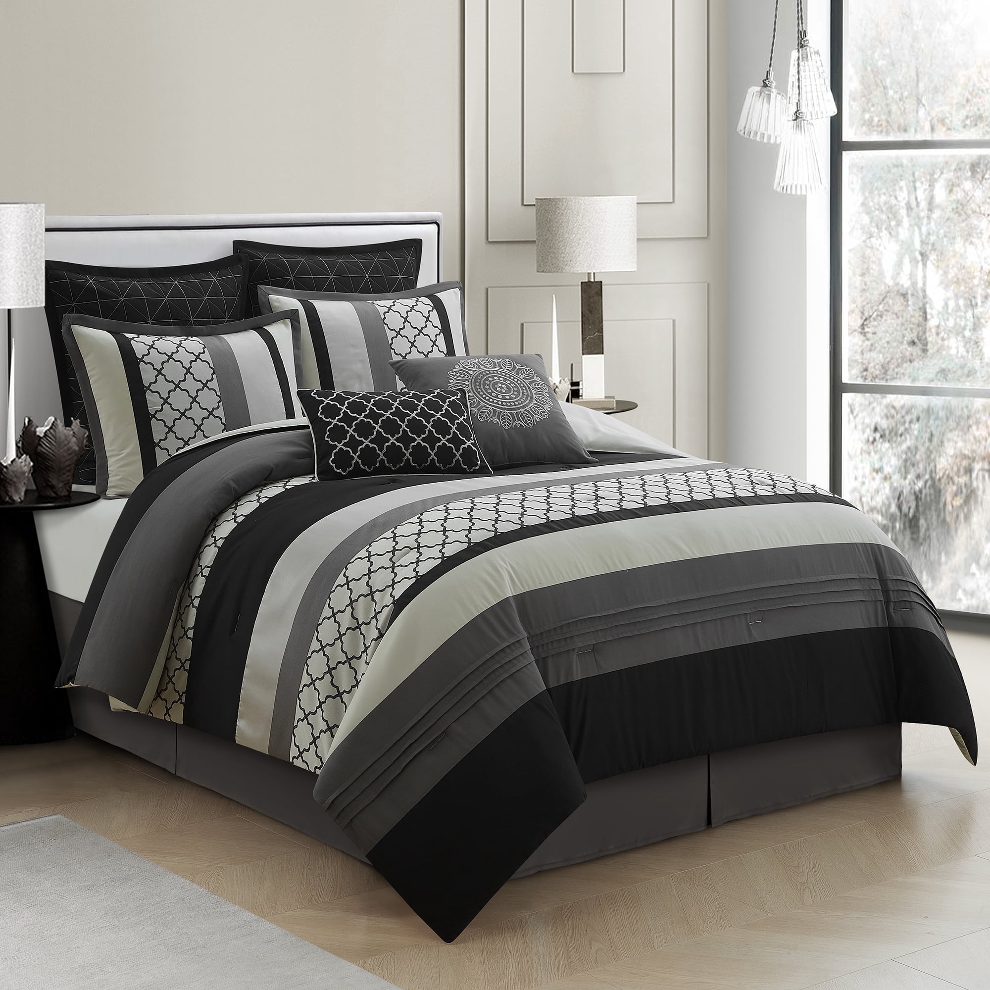Lanco Moroccan Black/Gray/Off-White, 8-Piece Comforter Set, King, Striped/Geometric