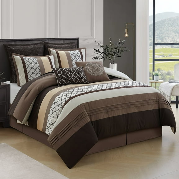 Lanco Moroccan Brown/Gold 8-Piece Comforter Set, Grey, California King, Striped/Geometric Patchwork