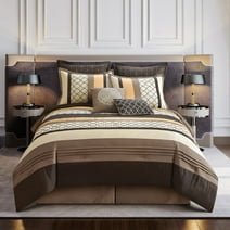 Lanco Moroccan Brown/Gold 8-Piece Comforter Set, Grey, California King, Striped/Geometric Patchwork