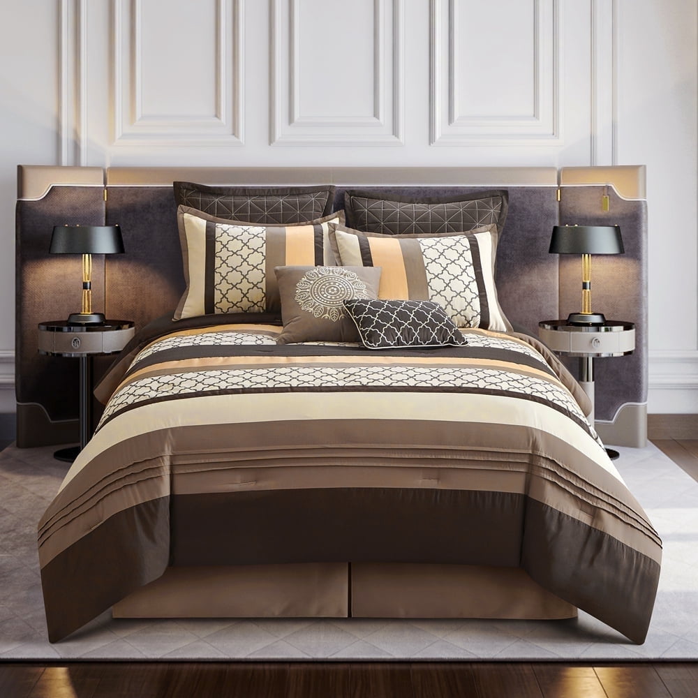 King Size 8-Piece Lanco Moroccan Brown/Gold Comforter Set, Striped ...