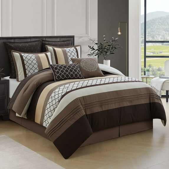 Lanco Moroccan Brown/Gold 8-Piece Comforter Set, Grey, Queen, Striped/Geometric Patchwork